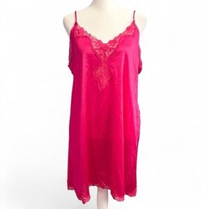 Vintage Hot Pink Lace Trim Slip Dress Nightgown Large